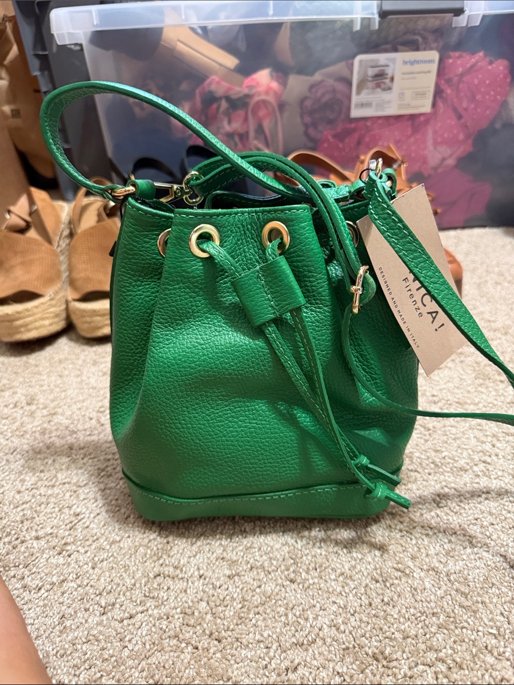 UNICA! Green Mini Drawstring Bucket Bag with Gold Hardware